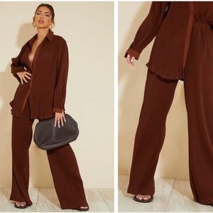 PRETTYLITTLETHING Plisse Button Up Blouse and High Waisted Pant
